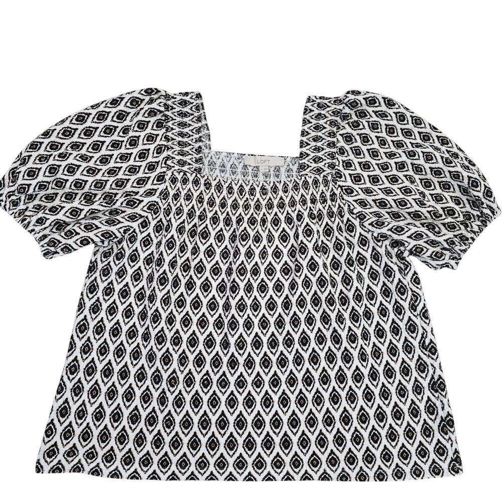 Women’s Geometric Pint Puff Sleeve Blouse Sz M Crinkle Minimalist Chic Workwear